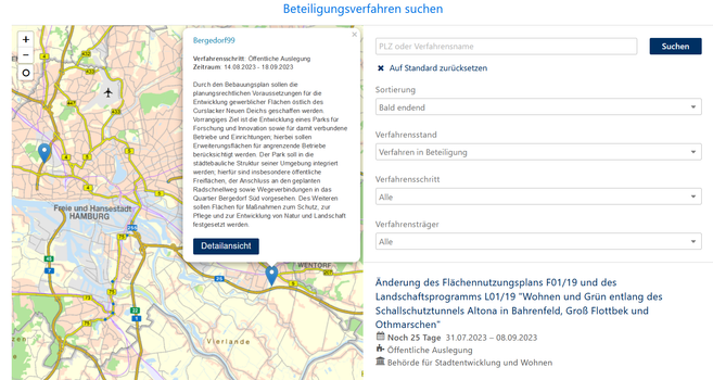 Screenshot von der Bauleitplanungswebseite fuer Hamburg