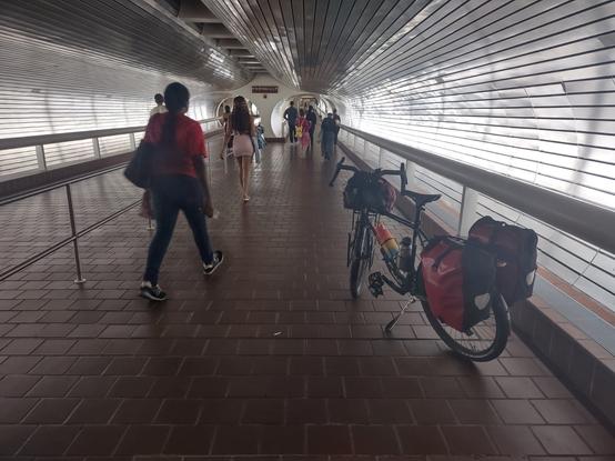 A loaded touring bike in the New Haven Amtrak station tunnel.