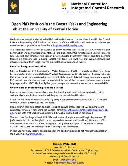 A flyer showing information about an open Ph.D. position in the CoRE Lab at the University of Central Florida.