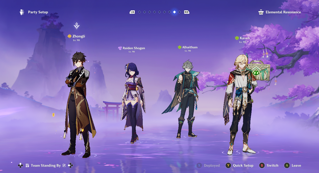 new genshin team set up page with inazuma background. the team consists of zhongli, raiden shogun, alhaitham, and kaveh