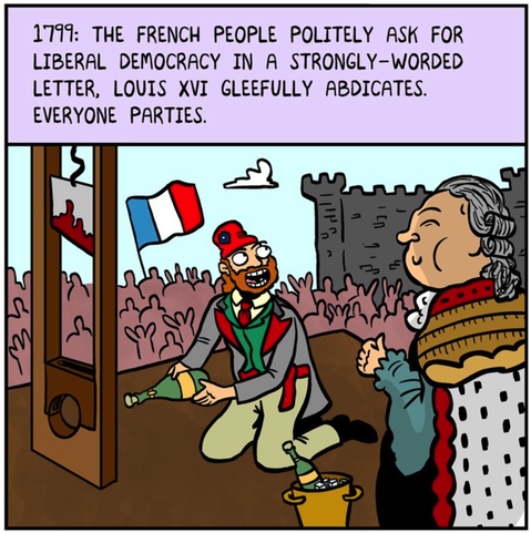 1799: The French people politely ask for liberal democracy in a strongly-worded letter, Louis XVI gleefully abdicates and everyone parties. 

A cheerful Frenchmen in a phrygian cap grins at Louis XVI who has removed his crown. The guillotine is there --but it's just being used to open bottles of champaign for the party.