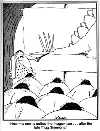 A Gary Larson Far side cartoon. A lecture attended by stereotypical cavemen are looking at a screen showing the rear end of a stegosaurus, which has four large spikes sticking up on the tail. The lecturer, dressed in a leopard skin, is pointing to the spikes. The