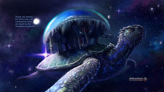Hintergrundbild mit einer Gruppe von Elefanten, die auf dem Rücken einer Schildkröte stehen und eine Welt tragen. Text in der oberen linken Ecke:

Thank you Debian for thirty years of continuous work, we stand on the shoulders of giants!