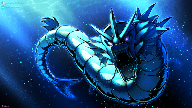 A digital illustration of a gyarados underwater, looking angry at the viewer.
