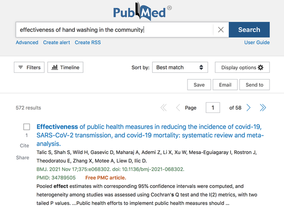 PubMed Search "effectiveness of hand washing in the community"