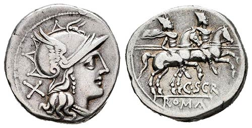 Denier d'argent romain frappé du sceau de l'antihéros de ce soir, Caius Scribonius Curio, un fameux zigoto. 

Côté face, une tête à cheveux longs portant un casque ailé : une personnification de Rome. Côté pile deux cavaliers armés de lance sur des chevaux au galop. En dessous, l'inscription "C SCR - ROMA" (Caius Scribonius, Rome).