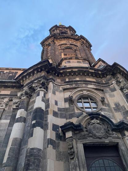Dresdner Kreuzkirche (Church of the Holy Cross) seen from below with a blue sky in the background