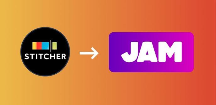 Stitcher logo then an arrow pointing from it to the Jam Logo