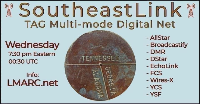 Southeast Link TAG Multi-Mode Digital Net. Allstar, Broadcastify, DMR, DStar, Echolink, FCS, Wites-X, YCS, YSF.
