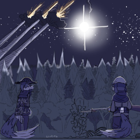 Two soldiers of the Colonial Legion stand near a forest, guarding the route to a massive emplacement of extremely large artillery.