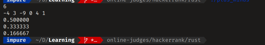 localhost

Input:
6
-4 3 -9 0 4 1

Output:
0.500000
0.333333
0.166667