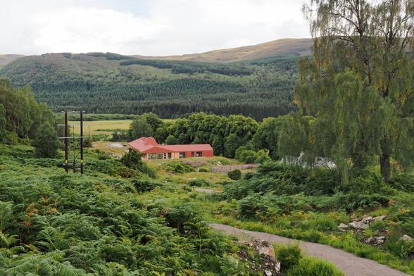 Blick auf das Dundreggan-Rewilding-Centre in der Nähe von Loch Nesse. Bäume, Büsche, Farne und Gräser säumen einen angelegten Pfad. 

View of the Dundreggan Rewilding Center near Loch Nesse. Trees, bushes, ferns and grasses line a landscaped path.