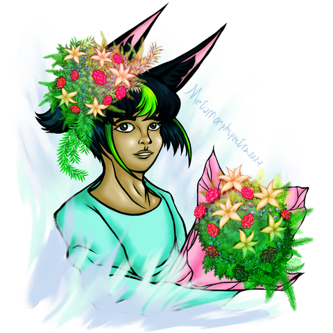 Tighnari in blue shirt having a bouquet of flowers in his arms and some flowers on his hair