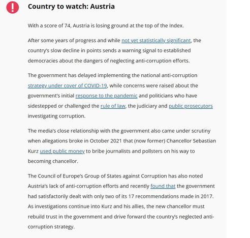 Ein Screenshot der verlinkten Seite mit folgendem Text:

! Country to watch: Austria

With a score of 74, Austria is losing ground at the top of the Index.

After some years of progress and while not yet statistically significant, the country’s slow decline in points sends a warning signal to established democracies about the dangers of neglecting anti-corruption efforts.

The government has delayed implementing the national anti-corruption strategy under cover of COVID-19, while concerns were raised about the government’s initial response to the pandemic and politicians who have sidestepped or challenged the rule of law, the judiciary and public prosecutors investigating corruption.

The media’s close relationship with the government also came under scrutiny when allegations broke in October 2021 that (now former) Chancellor Sebastian Kurz used public money to bribe journalists and pollsters on his way to becoming chancellor.

The Council of Europe’s Group of States against Corruption has also noted Austria’s lack of anti-corruption efforts and recently found that the government had satisfactorily dealt with only two of its 17 recommendations made in 2017. As investigations continue into Kurz and his allies, the new chancellor must rebuild trust in the government and drive forward the country’s neglected anti-corruption strategy.