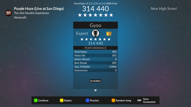 Clone Hero's result screen : Purple Haze (Live At San Diego) by The Jimi Hendrix Experience, full combo