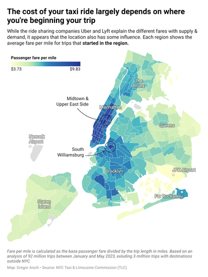 Choropleth map showing the passenger fare per mile for taxi rides in New York City.