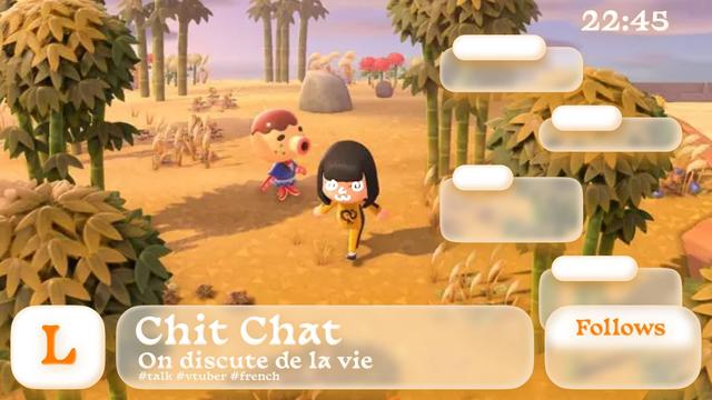 overlay twitch dans un style claymorphism (effet pâte à modeler). On y voit un fond animal crossing, un titre en bas et un chat à droite
Palette de couleur orange et transparence