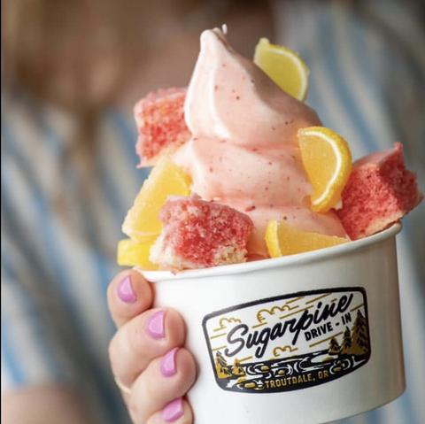Sugar Pine Drive-In color photos showing Barbie’s Lemonade Stand Sundae with strawberry pound cake and candied lemon slices