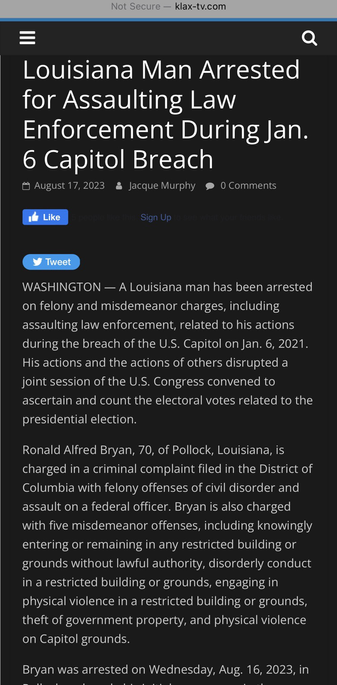 Screenshot of KLAX news article about January 6th riot suspect Ronald Alfred Bryan (of Pollock, Louisiana).