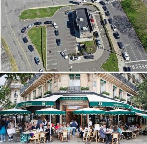 Two contrasting images: above is an enormous line of cars waiting to buy coffee at a suburban drive-through. Below is a vibrant cafe street scene