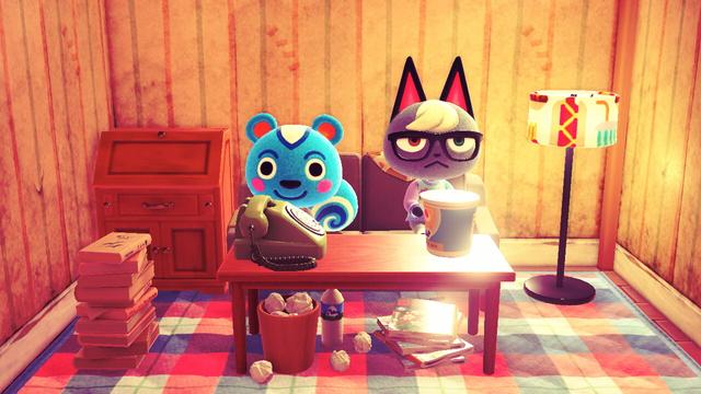 Animal Crossing: New Horizons screenshot. Raymond (grey cat) and Filbert (blue squirrel) are sitting in a dimly lit room on a sloppy couch with a sloppy table in front of them. On the table is a cup noodle package and a rotary phone. Beneath the table is trash. There's a stack of old books to the left of the table. The wallpaper is dingy and striped; in the corner is a lamp with a hot dog on the shade. The floor has a checkered pattern (blue and red) rug.