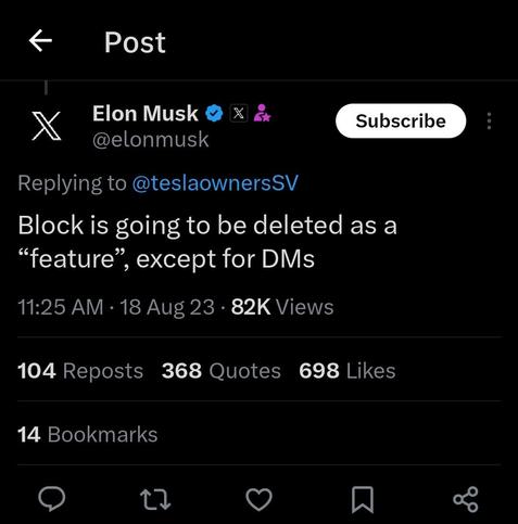 Block is going to be deleted as a “feature”, except for DMs -Elon
