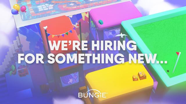 A colorful game screenshot from an unannounced project by Bungie, with blocks of different colors and sizes that look like platforms, with a few flags and other items littered about. Text reads "we're hiring for something new..."
