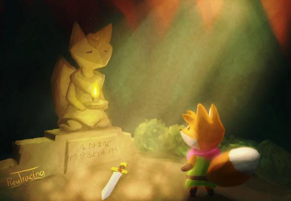 A digital painting featuring a scene from the video game TUNIC. In a forest clearing, there is a stone statue on top of a dais, holding a candle. The dais has strange glyphs inscribed in it, and in front of it is a sword lying on the ground. The fox character is looking in awe at the scene while god rays shine down through the trees.
In the bottom left corner is a signature that reads "ReyTracing"