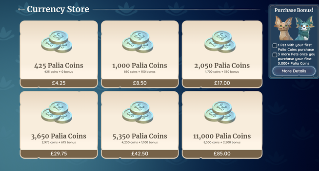 image shows cash shop coin purchase for palia coins are in piles of 3 and each is a silvery green in colour each pile has a price range from £4.25 to £85