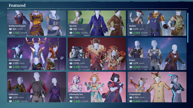 image shows various clothing items purchasable in palia from coats to nature themed druid sets, sky pirate sets and anime inspired clothing