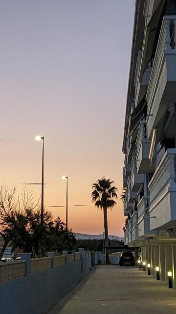 foto vertical, a la derecha un edificio que se pierde hacia el fondo, en el fondo, a contraluz (color negro) una palmera. el cielo tiene diferentes tonalidades del atardecer, en el fondo hay naranja y amarillo que se van mezclando hacia un azul oscuro