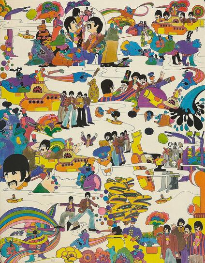 A swatch of Yellow Submarine wallpaper from France, with submarines and characters from the movie including The Beatles, in candy colors on a white background.