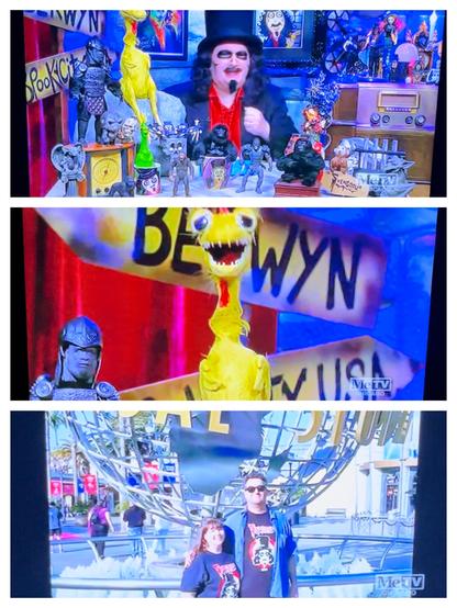 This is a three-panel image of a TV tuned to MeTV featuring three different images: Svengoolie and Kerwyn at the top, Kerwyn in the middle, and myself and my wife wearing our Sven shirts at Universal Studios in Hollywood