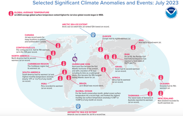 World map showing selected significant climate anomalies and events - July 2023.