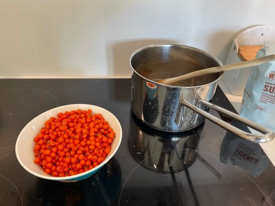 Sea buckthorn berries on the side, waiting for a pot of sugar water to boil.