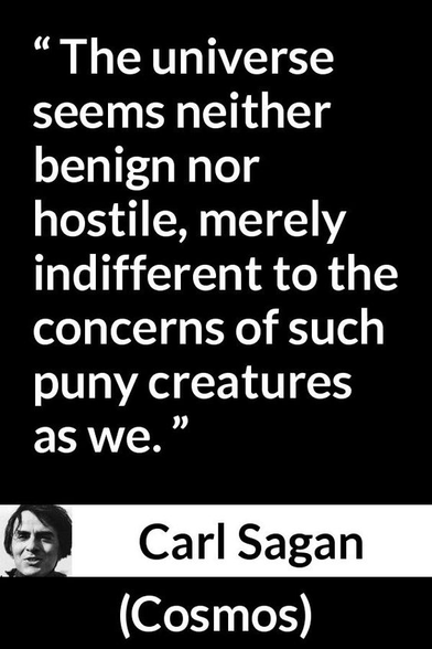 A meme showing a quote, said by Carl Sagan in Cosmos: “The universe seems neither benign nor hostile, merely indifferent to the concerns of such puny creatures as we.”