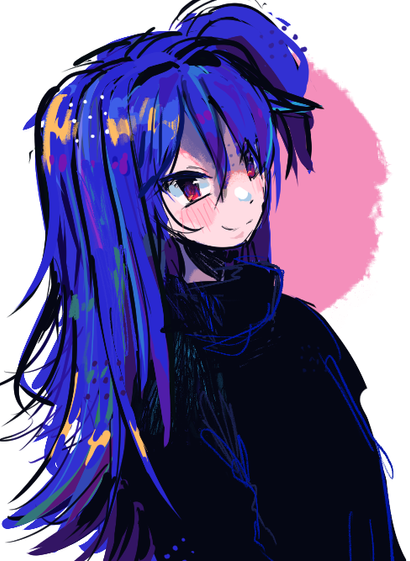 A drawing of a person with long blue hair looking at the viewer and smiling