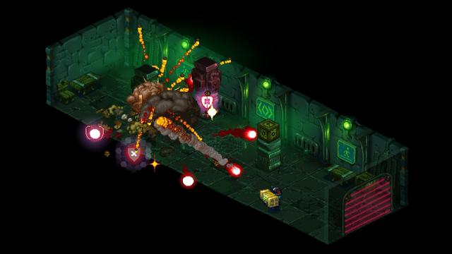 A pixel-art explosion in a dark-green lit corridor depicted as isometric art style