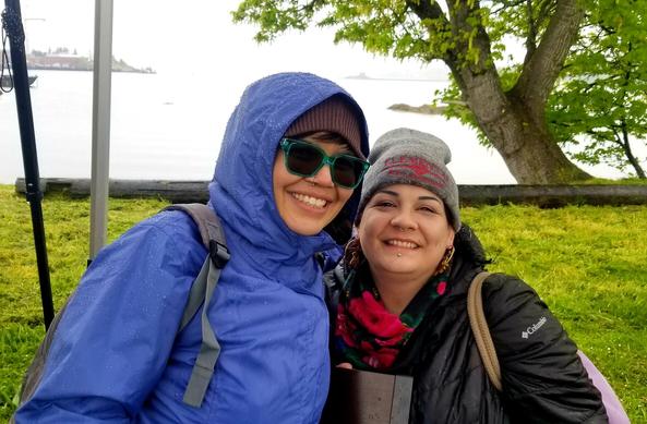 My Lekwungen Songhees friend, Bitty, on the left in blue hooded rain jacket & Cree Metis friend, Sara, on the right with gray toque & black rain jacket.
On the Songhees Nation reservation.