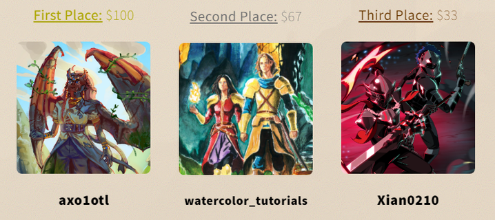 The 3 winners of the Month of OCs Art Contest! [axo1otl (dA/Reddit), watercoloring.bylux (Instagram), Xian0210 (dA)]