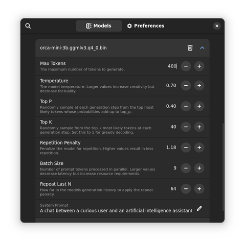 the settings window for a model