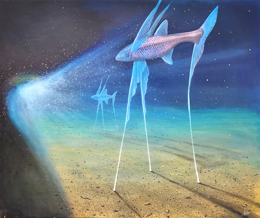 painting of the deep sea tripod fish on the sea floor in the light of an underwater robot