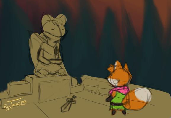 The final sketch, now with flat colors added in, as well as a crudely painted background.

The fox, all the light grey bits, and the background are each on their own layer so I can adjust the colors as needed. I forgot to do the sword here though.