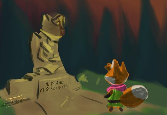 The sketch now has very rough lighting and shading added, and the stone platform has glyphs added.

I very loosely block in light and shadow while removing the underlying sketch. The glyphs were handwritten normally and then distorted to fit the perspective. Again, forgot to color in the sword, but still added the lighting for it anyways.