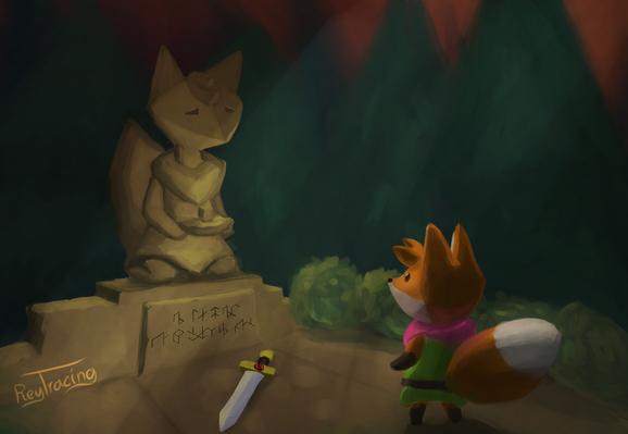 The rendered image, now darker and showing light rays peeking through the trees.

For this, I made a new layer, filled it with the sky color, set it to multiply, and then masked out parts of it to create the light effect.