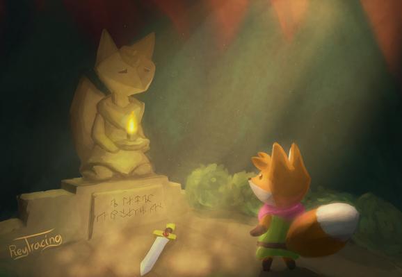 Same as the previous image, but now the statue's candle is lit, and the glow from the light rays are more intense.

For this, I created several more layers with using the add layer effect to bring out the god rays. The candle was done using a series of glow dodge and add (glow) layers.