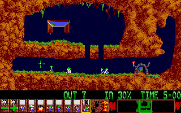 Lemmings (Amiga) screenshot:
Dig your way through the first level