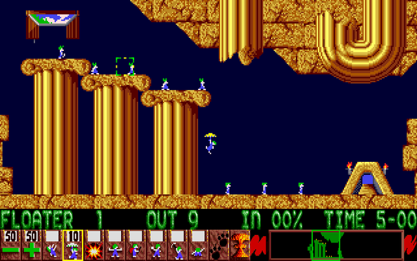 Lemmings (Amiga) screenshot:
Use floaters on this level