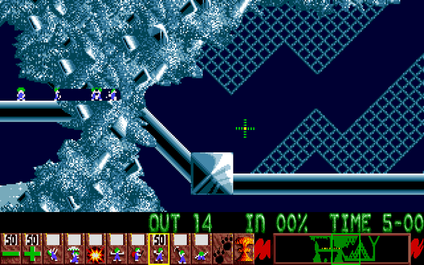 Lemmings (Amiga) screenshot:
Bashing through a wall