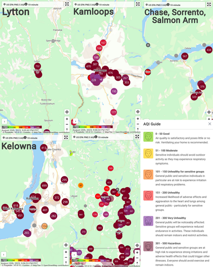 Screenshots from the "Purple Air" air quality monitoring application, showing multiple locations across the province of British Columbia that are currently affected by wildfires. Areas around Chase, Kamloops, Kelowna, and Lytton show Air Quality Index numbers above 300, which is off the charts. A legend on the bottom right corner shows that over 300 is hazardous to health.